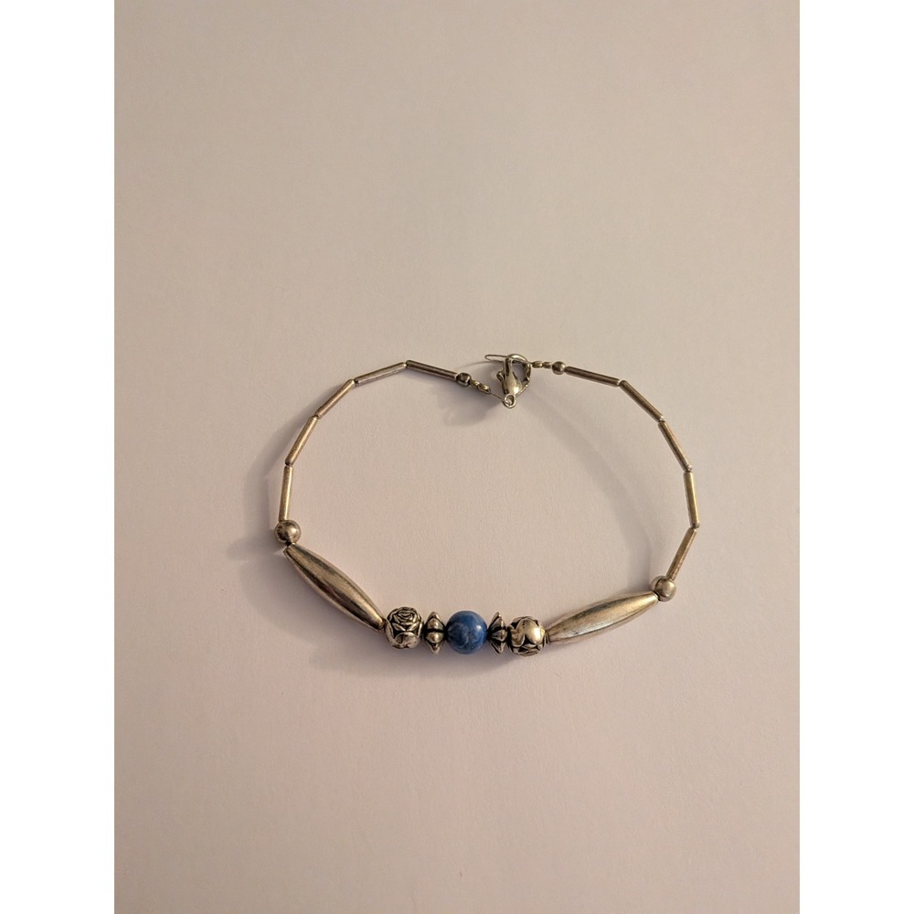 Vintage Silver Tone Lapis Lazuli Floral Rose Beaded Liquid Silver Bracelet